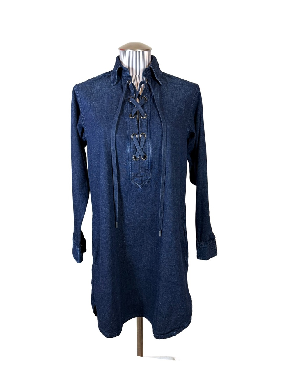 Polo Ralph Lauren Lace-Up Long Sleeve Dark Denim Shift Dress Indigo XS